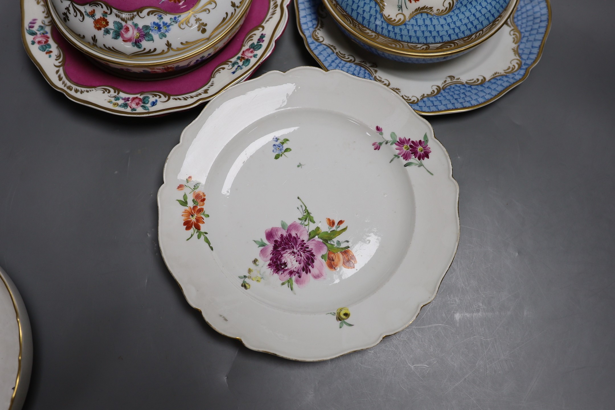 Two 19th century Meissen plates, 24.5cm, a 19th century Copenhagen porcelain dish and a pair of Continental porcelain ecuelles covers and stands